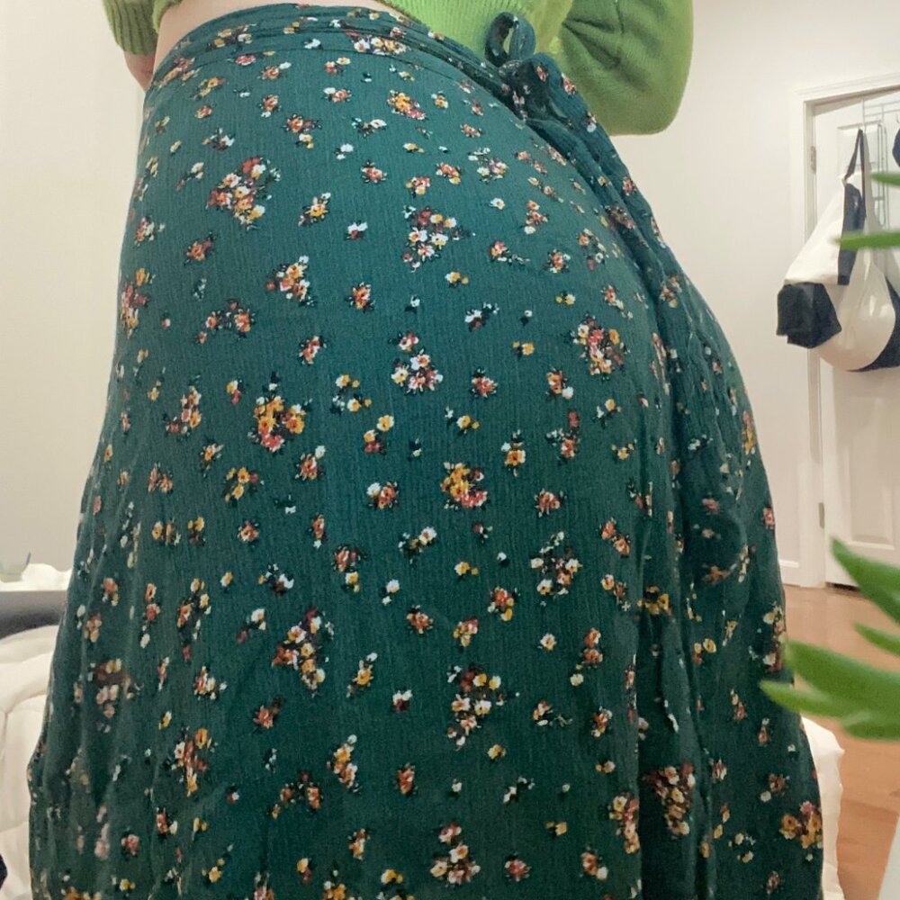 Plenty floral green wrap ruffle midi skirt with leg slit
